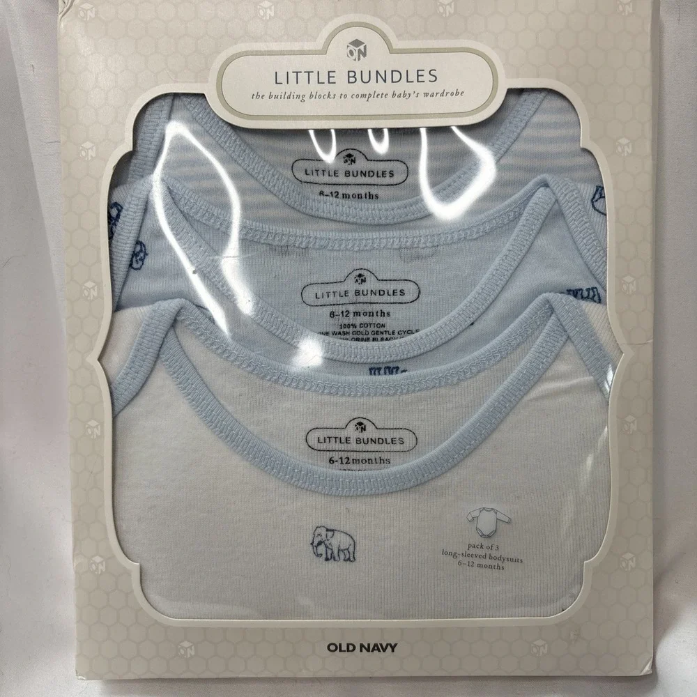 Old Navy‎ Little Bundles 100% Cotton 6-12 Mos 3 Pack Long Sleeve Bodysuits Blue